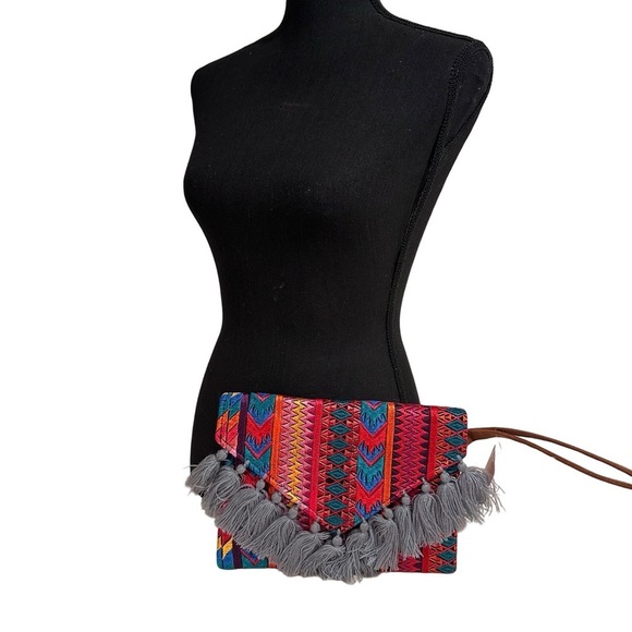 Ethnic Boho Large Clutch Suede Wristlet Bag Handmade Embroidery Tassels Indi NEW - Picture 3 of 15